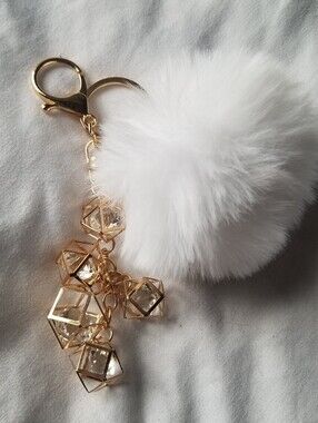 White Faux Fur Pom Pom Keychain with Gold Crystal Cage Charms